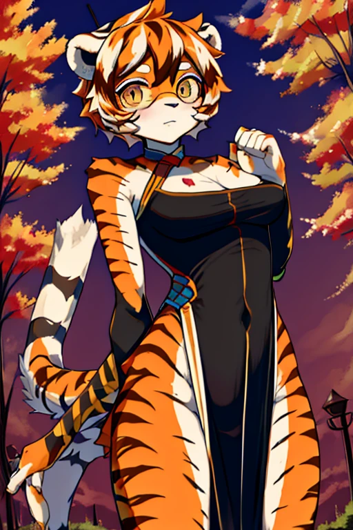 look_it is,1 girl, it isrry, masterpiece, best quality, Solitary, it isr, , (Exquisite eyes:0.9),  Big Posture, fall, Throw, dusk, Short arm, Chinese dress, Tiger tail, Upper Body,
Big breasts，Navel