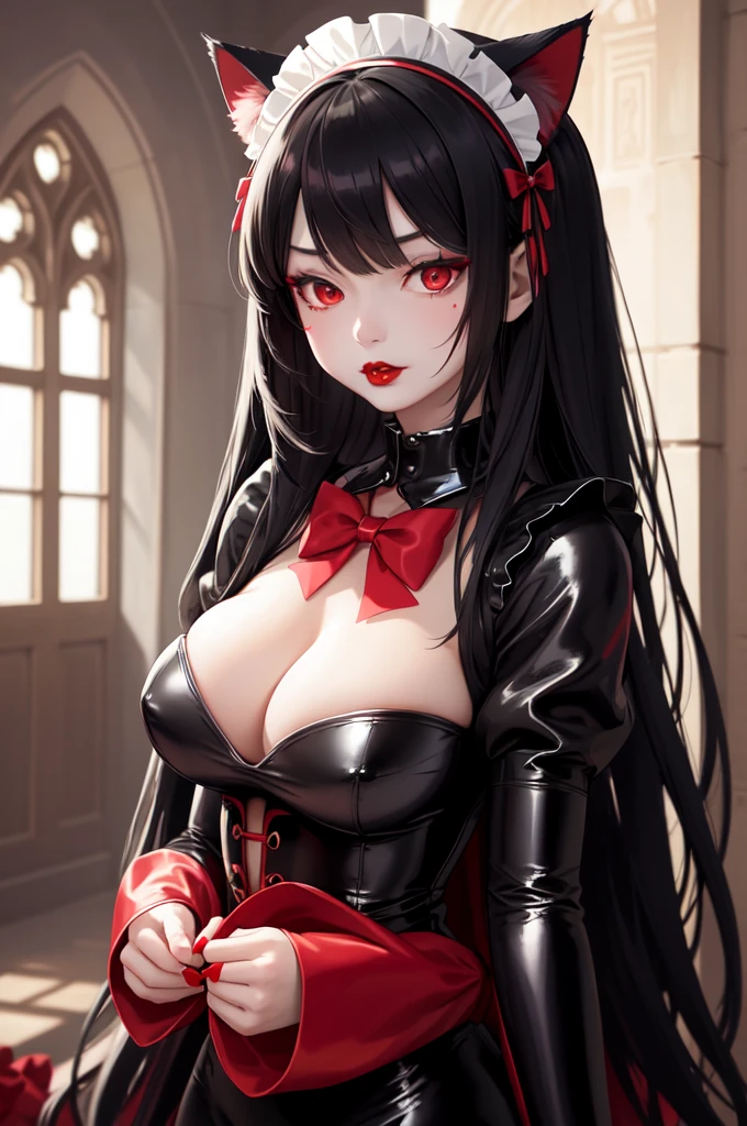 1 girl、Detailed facial details，Cat ear，Black long hair,Red lips，Slim，Large Breasts，Wearing black latex tights maid outfit，silk garment，Maid headdress，With red bow tie，Charming red eye,，Handcuffs，collar，Radiant Skin，Bright castle，Medieval Castle