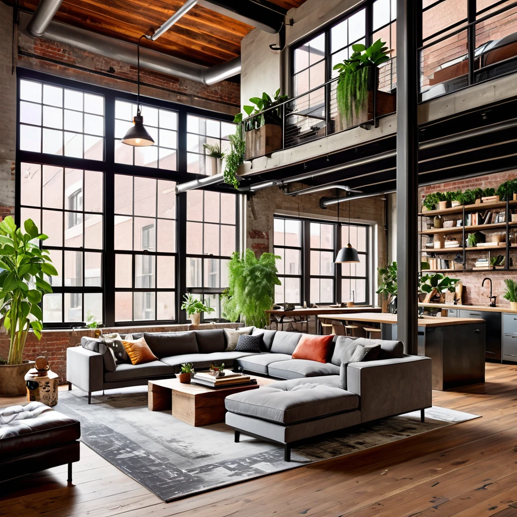 Design an inviting and eclectic industrial loft that combines modern comfort with rustic charm. The open-plan space features expansive windows for natural light, exposed ductwork, and a mix of raw and polished materials. The living area includes a comfortable gray sofa, a minimalist coffee table, and a workspace with a desk and laptop. Decorate the space with an array of indoor plants, both large and small, to add greenery and freshness. The decor should include eclectic elements such as framed art, unique lighting fixtures, and various decorative objects that reflect a personal and artistic touch. Use a combination of concrete and wood for the flooring to balance the industrial and cozy feel.