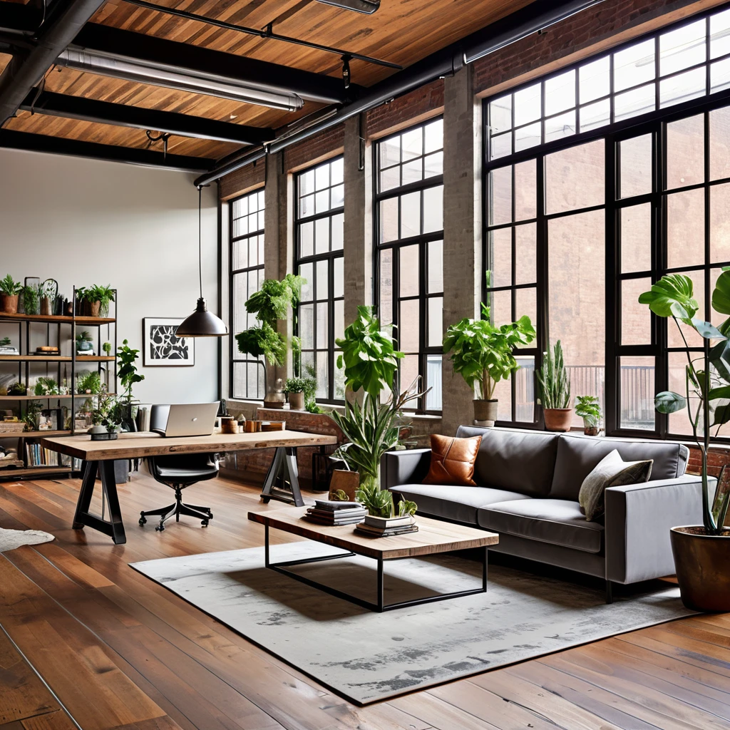 Design an inviting and eclectic industrial loft that combines modern comfort with rustic charm. The open-plan space features expansive windows for natural light, exposed ductwork, and a mix of raw and polished materials. The living area includes a comfortable gray sofa, a minimalist coffee table, and a workspace with a desk and laptop. Decorate the space with an array of indoor plants, both large and small, to add greenery and freshness. The decor should include eclectic elements such as framed art, unique lighting fixtures, and various decorative objects that reflect a personal and artistic touch. Use a combination of concrete and wood for the flooring to balance the industrial and cozy feel.