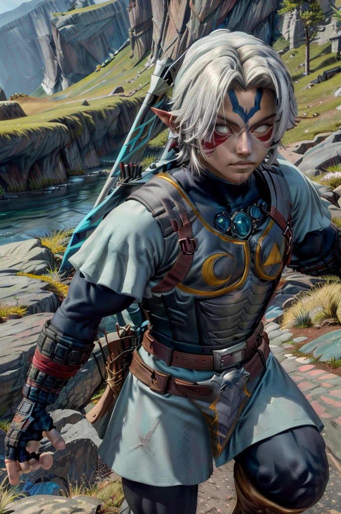 a muscular male figure wearing a white tunic, belt, fingerless gloves, and boots, with a weapon on his back, posing and looking at the viewer from above, surrounded by mountains and rocks, (best quality,4k,8k,highres,masterpiece:1.2),ultra-detailed,(realistic,photorealistic,photo-realistic:1.37),portrait,fantasy,dramatic lighting,cinematic