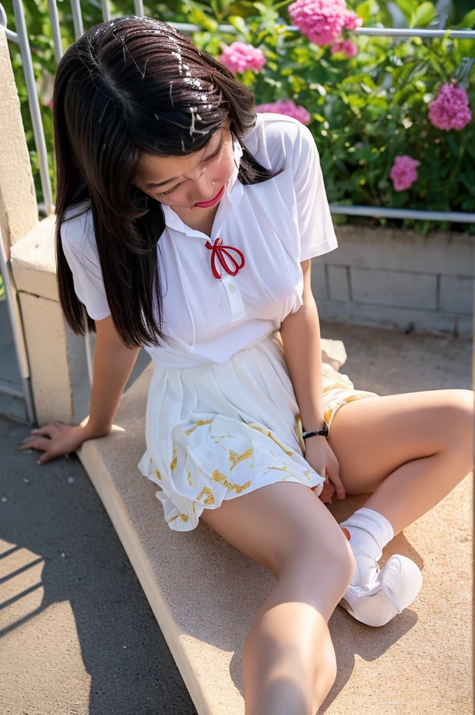 ((masterpiece:1.4, best quality)),very aesthetic,ultra-detailed,8K:1.5,nsfw,((junior high school student,12 years old,cute face)),(crying:1.6),(tears:0.1),slight body,black hair,medium hair,black eyes,small breasts,rape:1.5,arms behind back,(1man and 1woman,having sex:1.7,vaginal:1.2,penis:1.3),(from_above:1.4),(spread legs:1.5),(cum in pussy:1.8),(cum from pussy:1.8),lying in car,((white vintage tennis wear BREAK white collar BREAK white pleated white micro white skirt))