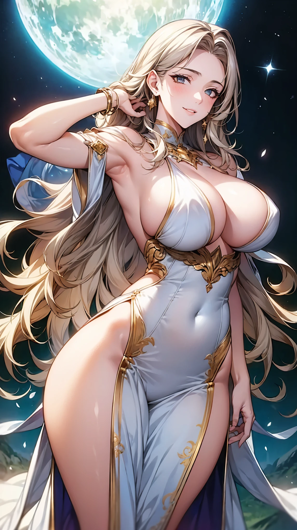 (masterpiece: 1.2), (best quality: 1.2) 1 woman, mature, tall (1.85), She looked to be about 30 years old, had long golden hair (gold), straight and shiny hair , silver eyes like moonlight, extremely detailed eyes, perfect eyes, extremely realistic eyes, well-aligned eyes, long eyelashes, anime style, perfect face, milf face, full lips, smiling, mature, fair skin, natural body, body sexy, milf body, perfect hands, detailed hands, hands well proportioned to the body, realistic hands, arms with good anatomy, she only wore an immaculate white dress that still couldn't hide her extremely large and huge breasts that were hanging down due to their size , thick thighs, wide hips , looking at the viewer, background setting, setting in a vegetable farm, vegetables in the background posing alone looking at the viewer