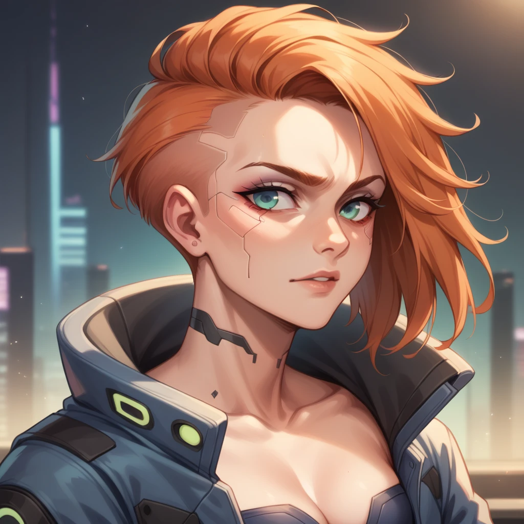 A girl with orange hair, with blue cyberpunk outfit, in a colorful meadow, at night
