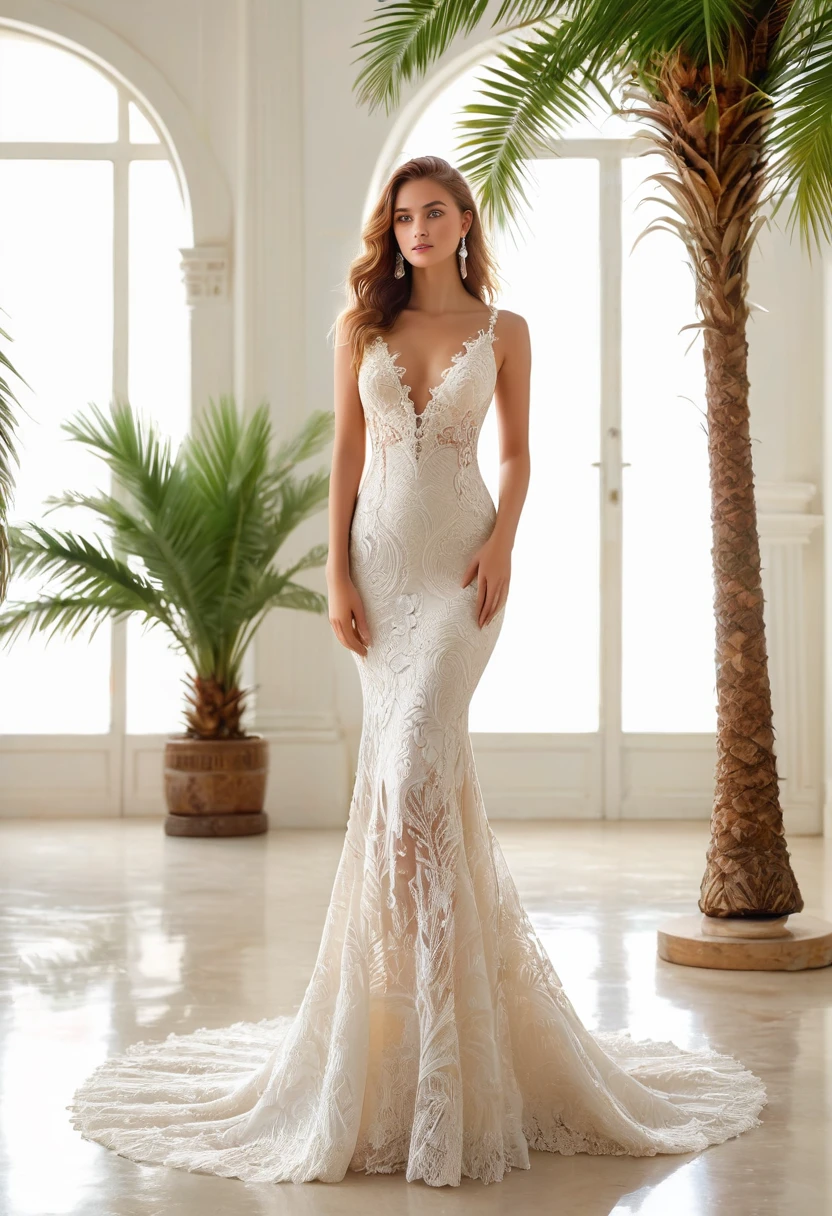 Top quality, Masterpiece, hyper HD, (Photorealistic: 1.4), RAW photo, 1girl,solo,Fashion model,Wearing a white mermaid wedding dress, v-neck dress style, Lace material, long tail, full body, in white room with indoor decorative palm tree,Stand upright and look straight.