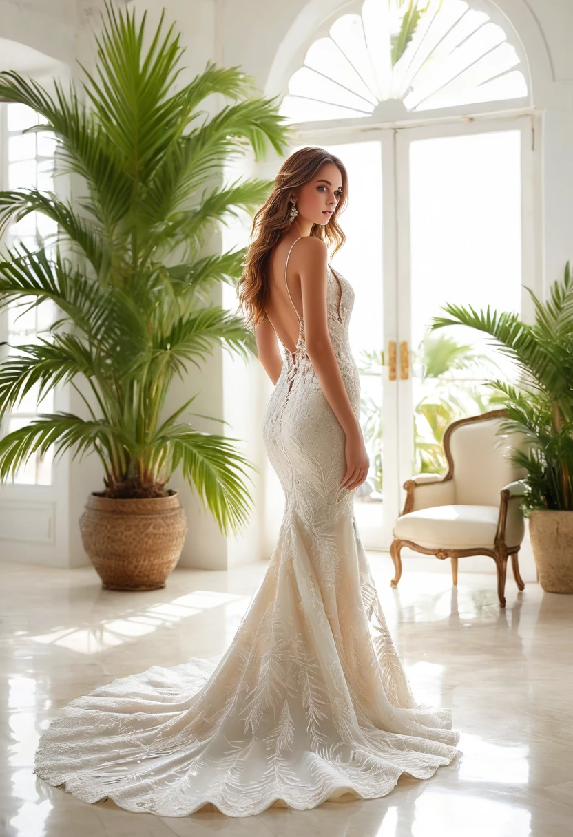 Top quality, Masterpiece, hyper HD, (Photorealistic: 1.4), RAW photo, 1girl，solo，Fashion model，Wearing a white mermaid wedding dress， v-neck dress style, Lace material, long tail, full body, in white room with indoor decorative palm tree，Stand upright and look straight.
