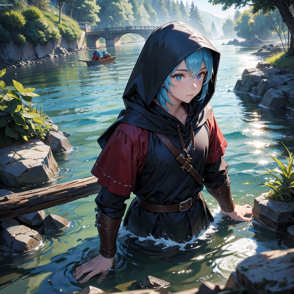 water dwarf in the river with medieval adventurer outfit hood