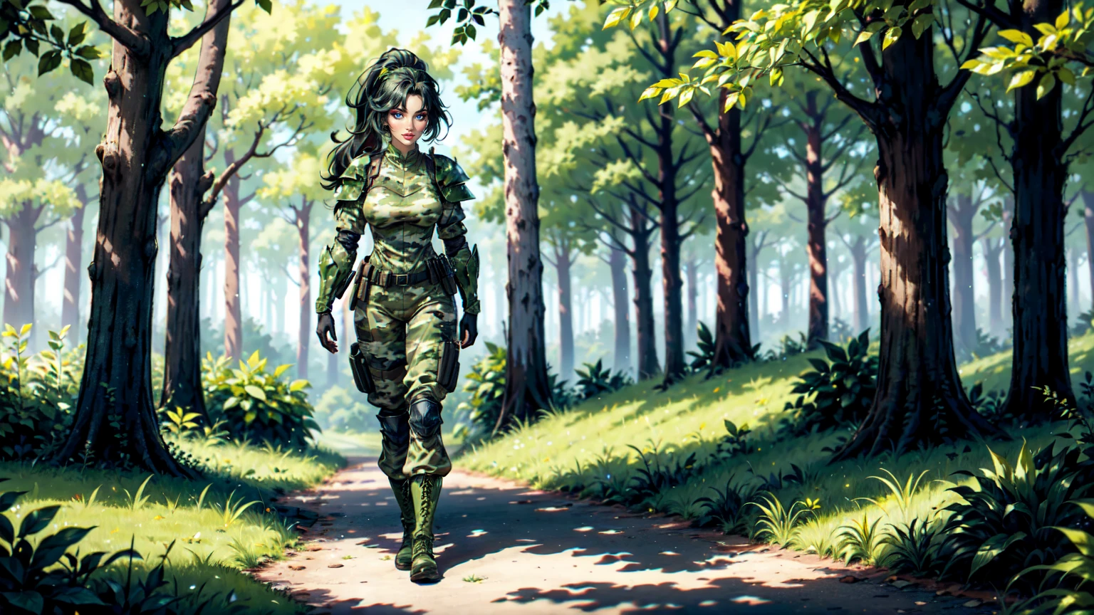 women,Brow Hair, Ponytail,brown eyes, Oliv green Body Armor,Oliv green Camouflage Uniform, Camouglage Trousers, Black longboots, standing in the Forest