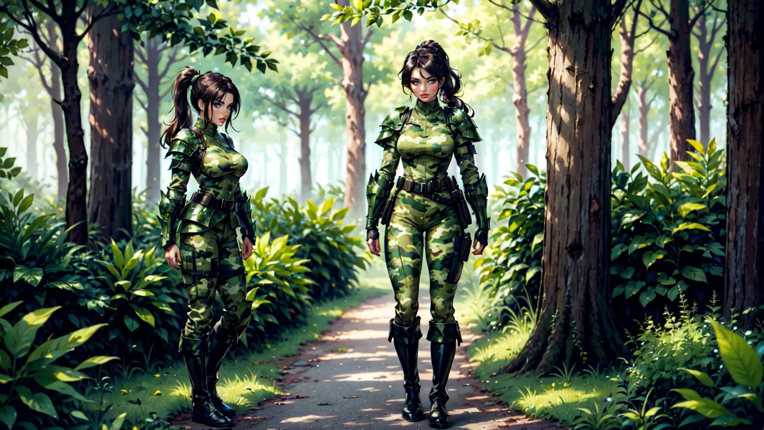 women,Brow Hair, Ponytail,brown eyes, Oliv green Body Armor,Oliv green Camouflage Uniform, Camouglage Trousers, Black longboots, standing in the Forest