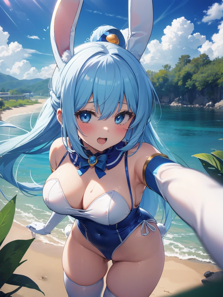 ((masterpiece)), ((Best quality)), (ultra detailed), ((kawaii)), Cute, (Beautiful), ((sexual)), ((extremely detailed)), 4K, (8 thousand.), Best quality, (Beautiful), illustration, anime style, (heavy line:1.2), Gradation, extremely detailed, Subtle touch:1.2), (Natural light, Sunbeam, rays of light, Dappled light, reflection, shadows, ray tracing:1.2) Cute girl, 1 girl, Konosuba, Water, blue hair, detailed clothing, detailed fabric, Hair rings, (One:1.2), standing, ((bunny suit, bunny ears, White swimsuit, elbow gloves, White gloves, white microskirt, white tights)), Perfect eyes, (sexual expression:1.2), fascinated expression, smiling, looks at the viewer, (selfie:1.2), (at head level , smile, open mouth, leant forward, blush:1.2) , (Beautiful eyes), hips high, hourglass body, Medium breasts, T-boots, Mid thighs