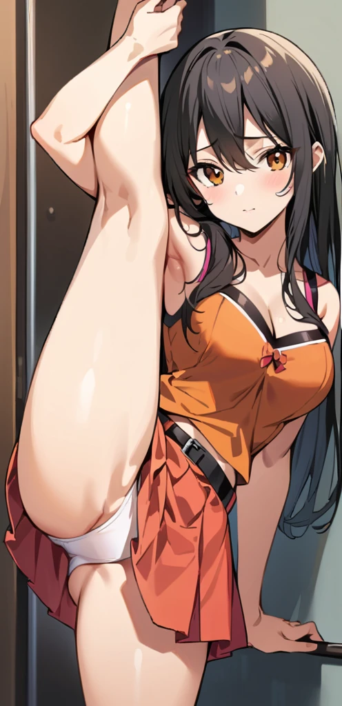 (masterpiece, Highest quality:1.2), One girl, alone,Are standing_Split,
Yuki mandarin orange, Long Hair, without black sleeveless short vest,Pink Skirt,black