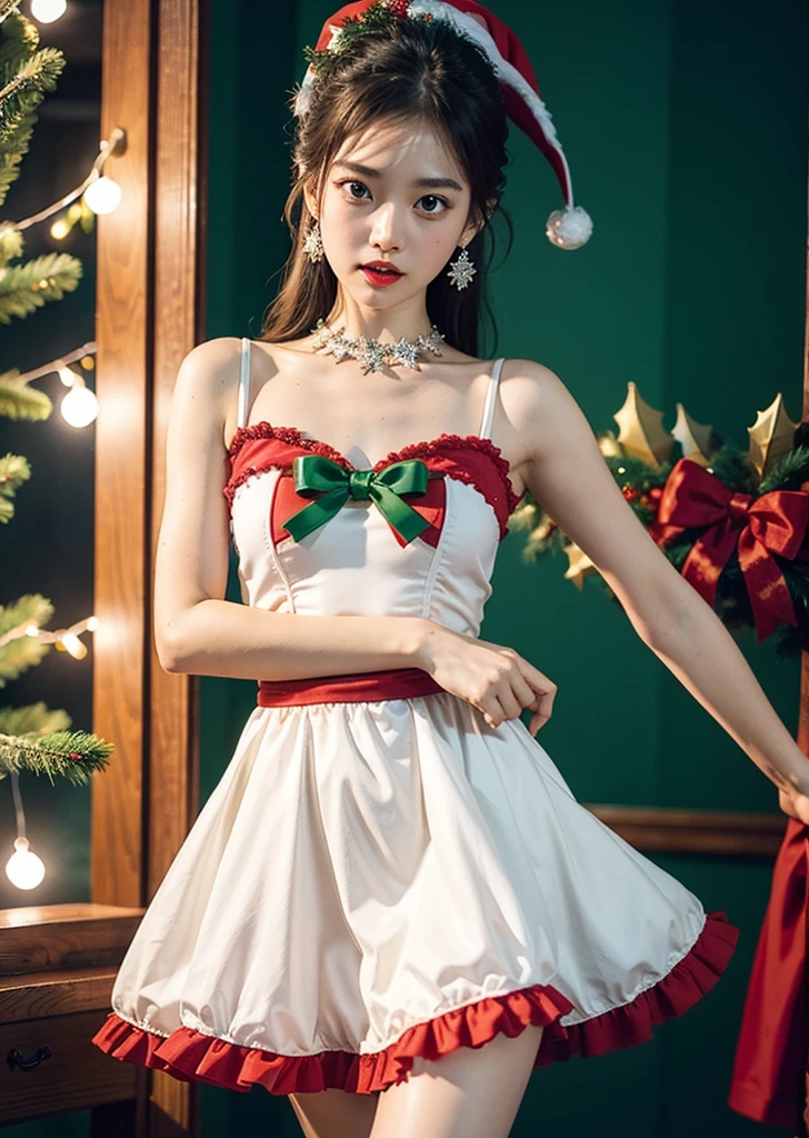 (Very fine eye), (((Fabric Shading))), (((Highest quality))), (((Tabletop))), (((Ultra-high-definition CG))), Depth of written boundary, Saucy girl, (((magical girl))), (small), (Small breasts), (((Christmas Dresses, red and white and green Christmas Dresseses, 2000 Christmas costumes))),((Strike a Pose)), (manfully, anger, nice, Saucy, It Girl), Fine Jewelry, Bright Sky, It's snowing outside the house, Christmas atmosphere, it's snowing, snowman, Snow jade, lights christmas, Christmas tree, 強いChristmas atmosphere, Cowboy Shot, Mid Shot, Centered Images, Look into the camera,(Slim body),((Slim body)),ulgarity,(From above),1 girl,Japanese,23 years old,woman,Brown long straight hair,Detail face,Detail lips,Details,More Skin,double eyelid,Wet body,perfect body,Trained abdominal muscles,Shiny skin,Highest quality,日本のwoman一人,diamond,Earrings,