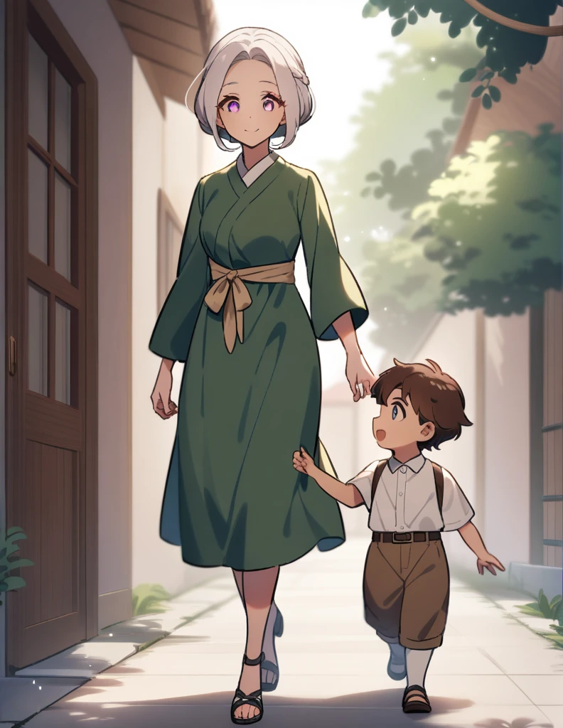 little Greek boy with white hair, violet eyes, walking happily with his mother, a woman with violet eyes and brown hair