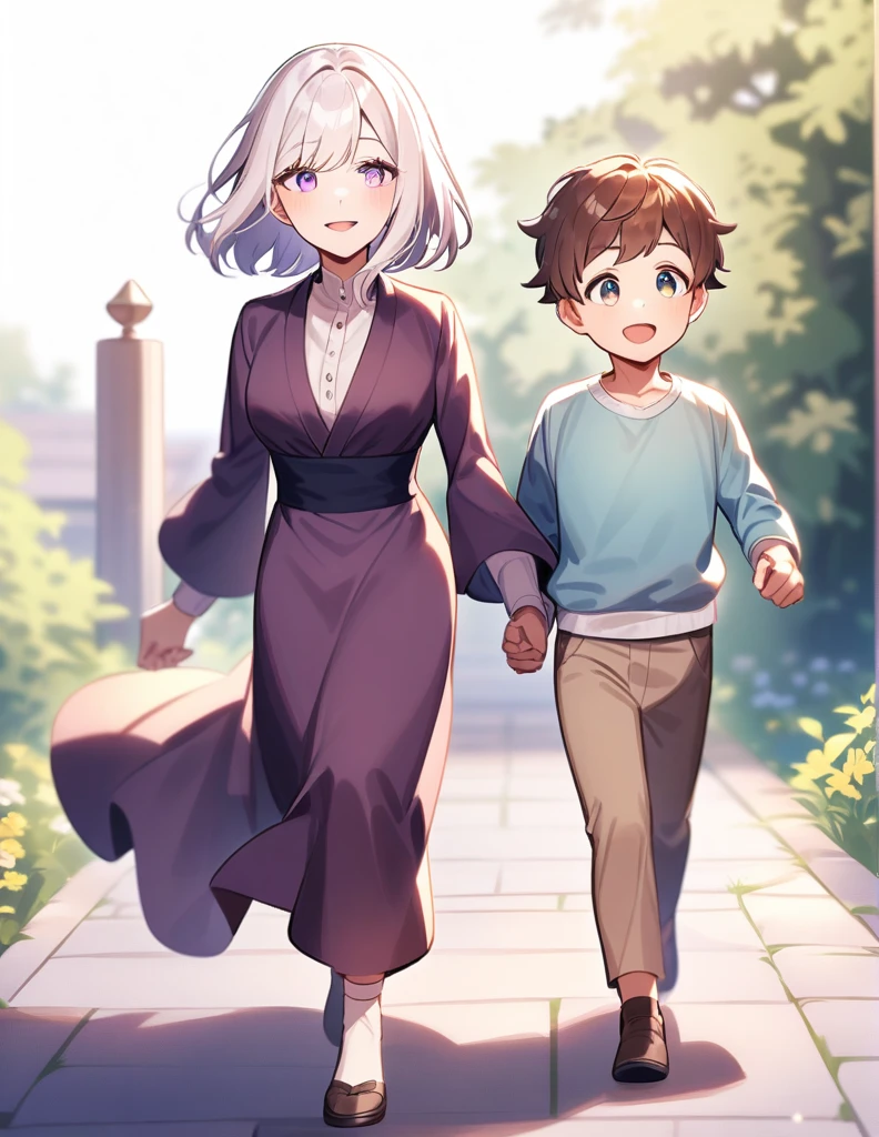 little Greek boy with white hair, violet eyes, walking happily with his mother, a woman with violet eyes and brown hair