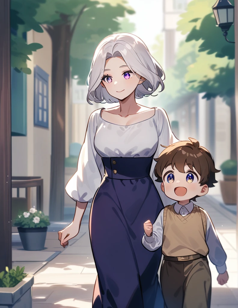 little Greek boy with white hair, violet eyes, walking happily with his mother, a woman with violet eyes and brown hair