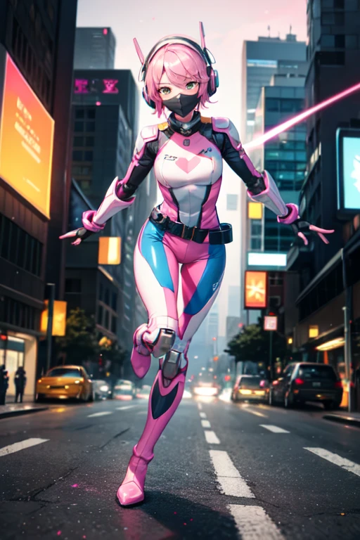 ((best quality)), ((masterpiece)), (detailed), 1 girl, full body, 20s, young adult, masked, black mask covering her entire head, smooth head, biker helmet, biker helmet with blue headphones on the sides, flashlight on her forehead, short pink hair coming out of her helmet, face, black collar, tall, slim, athletic, circles on her wrists, pink details, black fingerless gloves, pink wristbands, nanotech speedster suit that resembles light armor, blue chest with an emblem, blue chest, black suit with pink lines, pink speed emblem on her chest, pink emblem, blue pants, gray knee pads, metallic pink boots, white superhero belt, running through the city, pink light trail, laser, city background, anime

