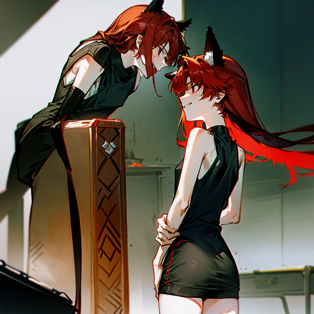On the chest、high resolution、High Quality、smile、Hairstyle with a long neckline、Red mesh hair、Wolf Ears、Black tank top、Hand holding a skeleton microphone、Fewer fingers、Less arms、Facing forward、