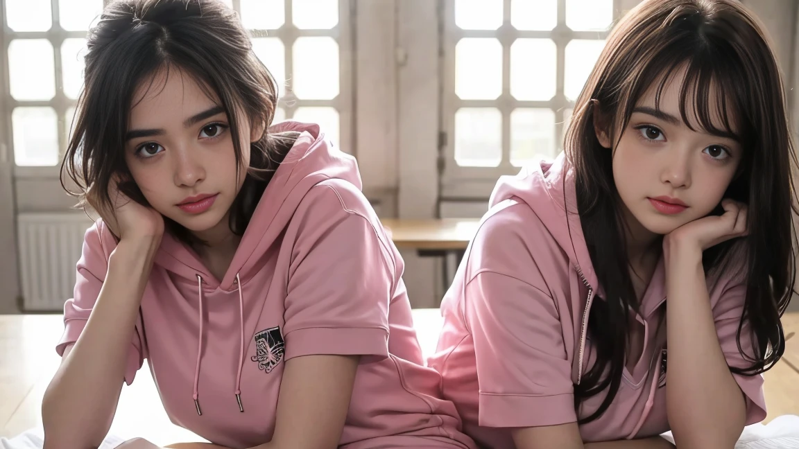 deux femmes ensemble de 18 ans sexy et mince , pink short sleeve hoodie , salle de classe, se touche,position sey,sensuel