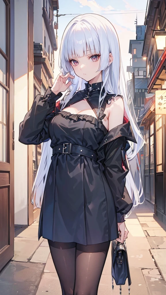 ((masterpiece、highest quality、Super detailed))、One girl、silcer deep gray Hair、long straight hair、straight haurcut、straight bangs、dusty red eyes、smug smile、((Grin))、medium breasts、((Black ruffled clothes))、Off the shoulder、Strapless、((Black Leather Jacket))、((Checkered Skirt))、edgpskirt、multiple chains、Fishnet tights、Cowboy Shot、balcony and night beautiful cozy street full of cafeterias