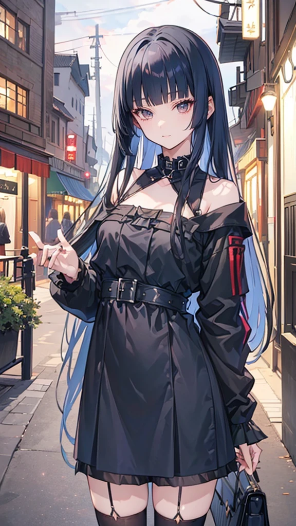 ((masterpiece、highest quality、Super detailed))、One girl、silcer deep gray Hair、long straight hair、straight haurcut、straight bangs、dusty red eyes、smug smile、((Grin))、medium breasts、((Black ruffled clothes))、Off the shoulder、Strapless、((Black Leather Jacket))、((Checkered Skirt))、edgpskirt、multiple chains、Fishnet tights、Cowboy Shot、balcony and night beautiful cozy street full of cafeterias