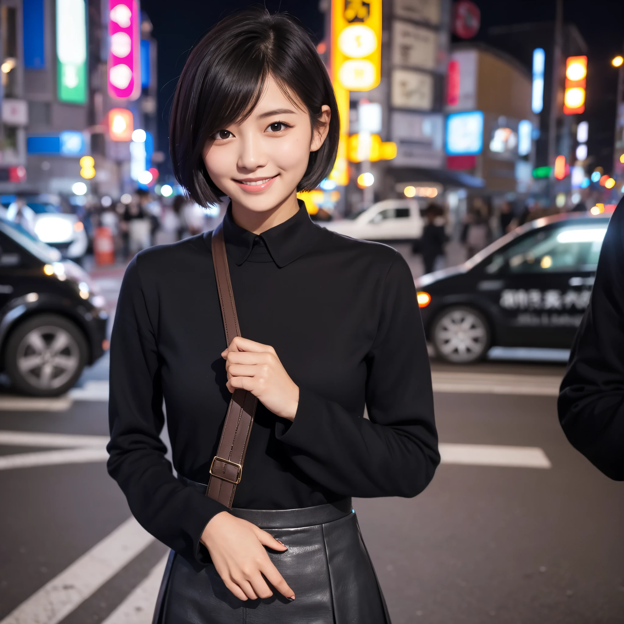 Top quality, 1 beautiful woman, Short Hair, black hair, wearing Long Sleeve& skirt, shy smile,midnight,upper body , at street,Japanese