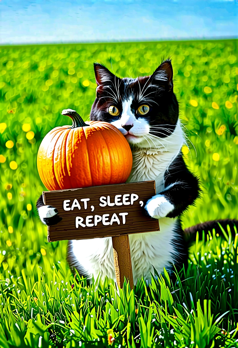 A black and white cat holds in a single paw a wooden sign that says: "eat, sleep, repeat" and holds a pumpkin in other paw, the photo was taken in a green field at day, clear sky