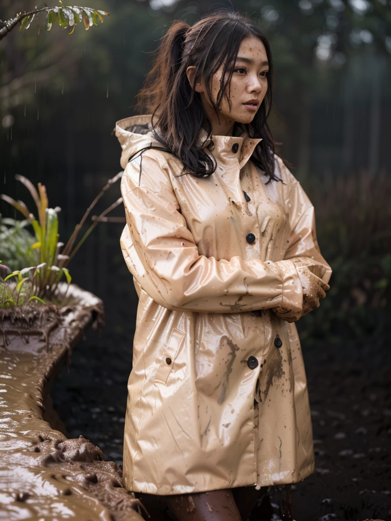 a beautiful young asian woman wearing a light pink buttoned raincoat, her clothes and raincoat covered in mud, walking through a muddy field, (best quality,4k,8k,highres,masterpiece:1.2),ultra-detailed,(realistic,photorealistic,photo-realistic:1.37),HDR,UHD,studio lighting,ultra-fine painting,sharp focus,physically-based rendering,extreme detail description,professional,vivid colors,bokeh,portrait,realistic,photographic,natural lighting,muddy environment,rainy day