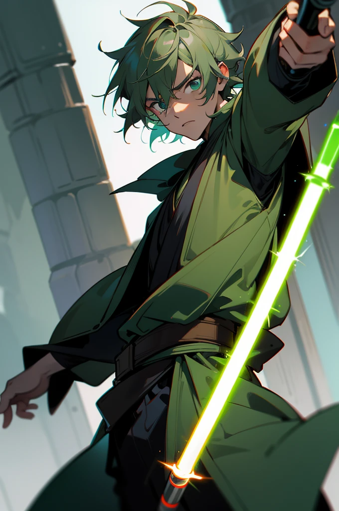 
Male Jedi have expressive eyes and a combative look., Wearing a Jedi cape and a green lightsaber in the Star Wars universe