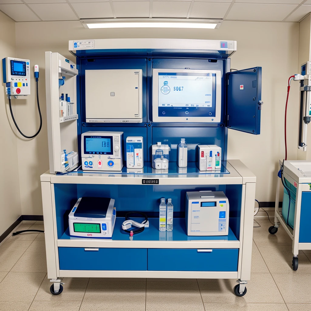 An rectangular big box top contains a adjustable screen ,at the middle need a iv infusion pump, at the side all vital equipment, another side handrub glove box , another side defibrillator . This is an digital emergency bedside box in hospital ward