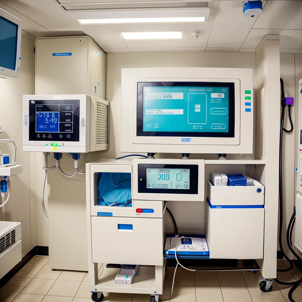 An rectangular big box top contains a adjustable screen ,at the middle need a iv  infusion pump, at the side all vital equipment, another side handrub glove box , another side defibrillator . This is an digital emergency bedside box in hospital ward