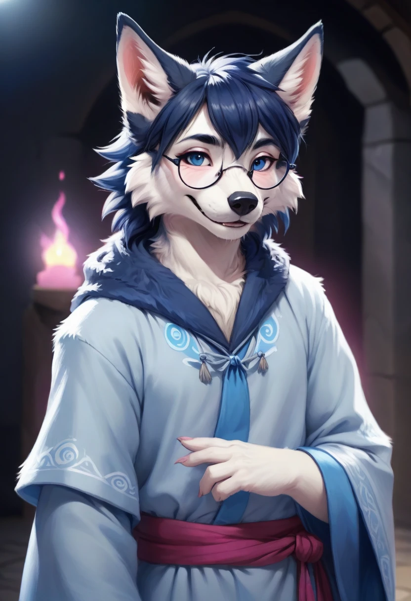 Wolf,male,Mage Clothing,robe,Light blue fur,Glasses,Orcs,Orcs脸,delicate and pretty,Wolf脸,cute,Young,Introvert,精灵Wolf,Facial details,happy,Smile,Pink white ears,Dark blue bangs,