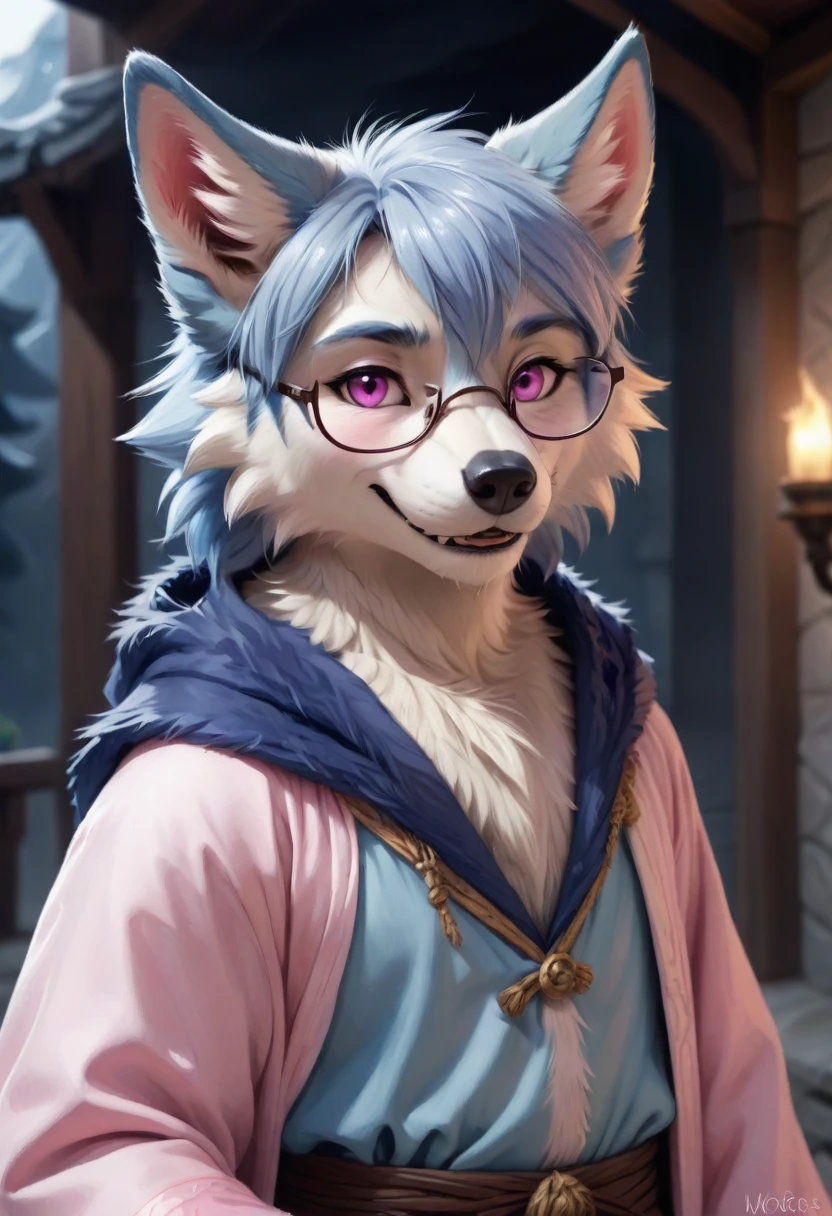 Wolf，male，Mage Clothing，robe，Light blue fur，Glasses，Orcs，Orcs脸，delicate and pretty，Wolf脸，cute，Young，Introvert，精灵Wolf，Facial details，happy，Smile，Pink white ears，Dark blue bangs，