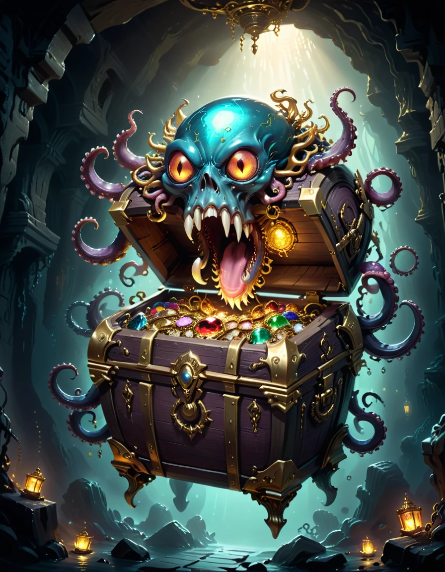 Dungeons，Floating in the air(Monster disguised as a treasure chest), Filled with jewels，1 eyes，One-Eye，Tongue，Tentacles， sharp claws and teeth, Very detailed, Complex design, Gorgeous gold embellishment, ,Ominous Presence, fantasy, Dark gloomy lights, Composition, Dramatic shadows, Rich colors, number, Concept Art, The award-winning，Luminescence example，Ray Tracing，Devout worshippers，