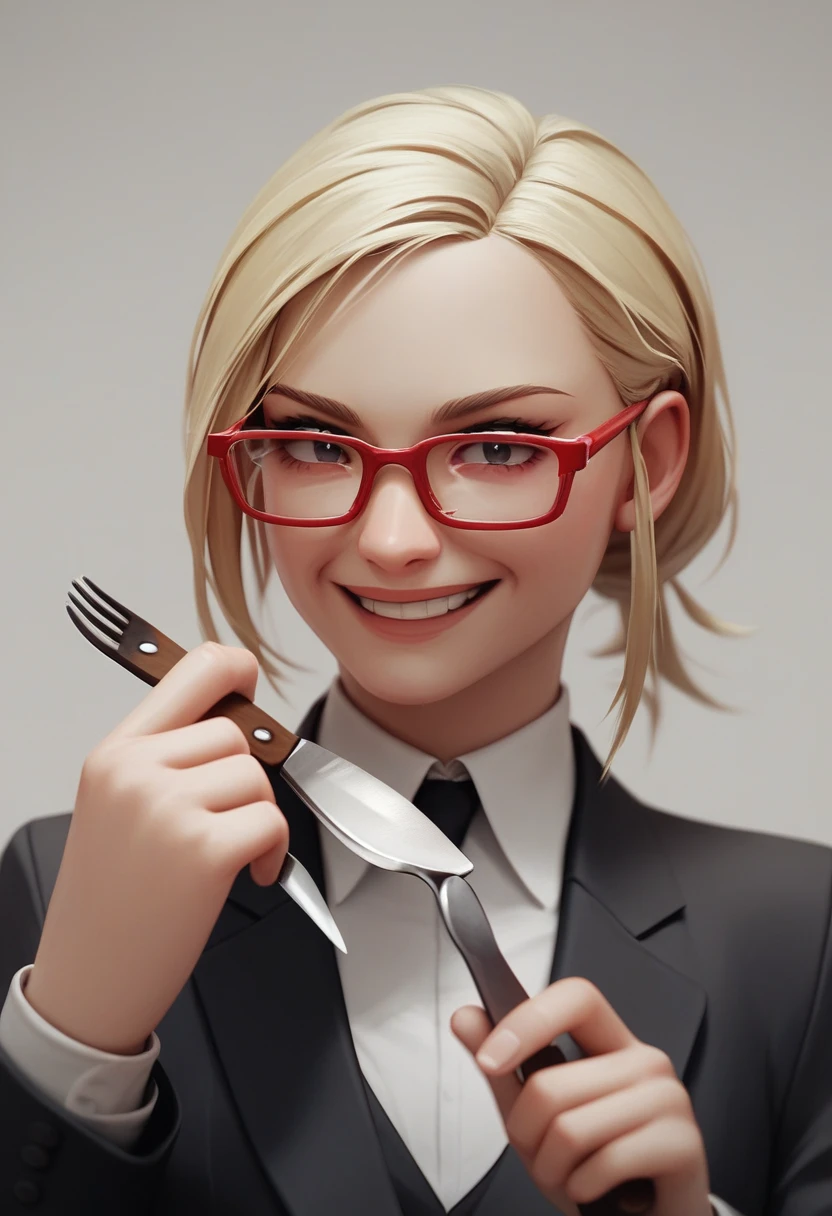 (avatar blonde woman alone smiling), (only the bust), (Black Suit), (Red glasses), (fork in one hand and knife in the other hand), (3d style image).