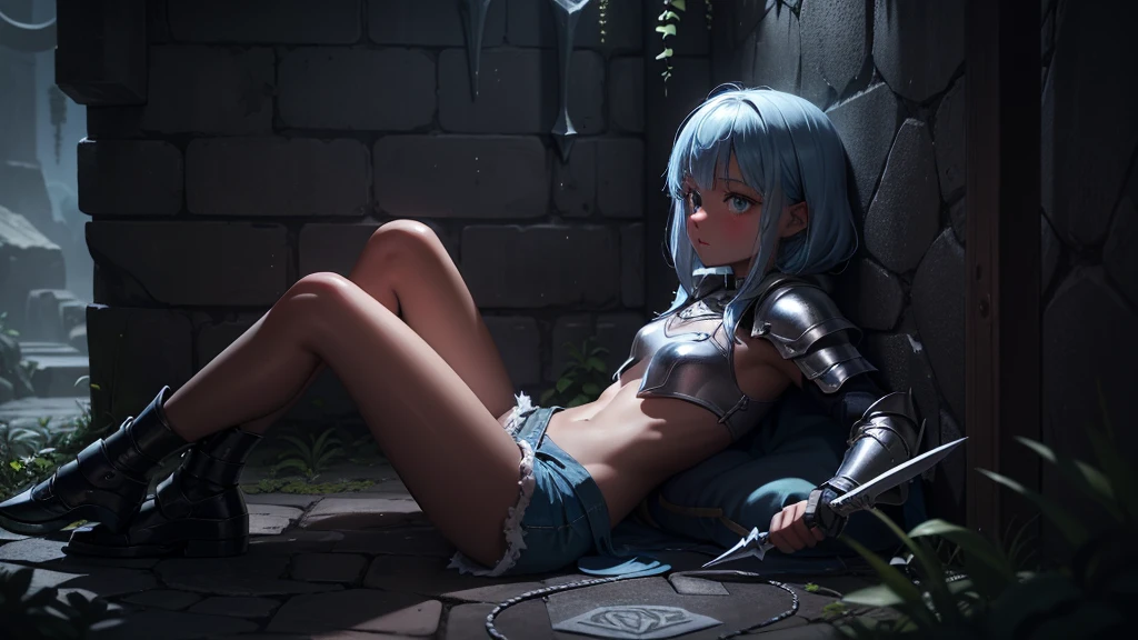 最high quality、high quality、Simple Cloth Armor、10Year-old girl adventurer、Pitch-dark underground labyrinth、No light、A slimy liquid is poured onto the body、Shorts、Equipped with a dagger and a shield