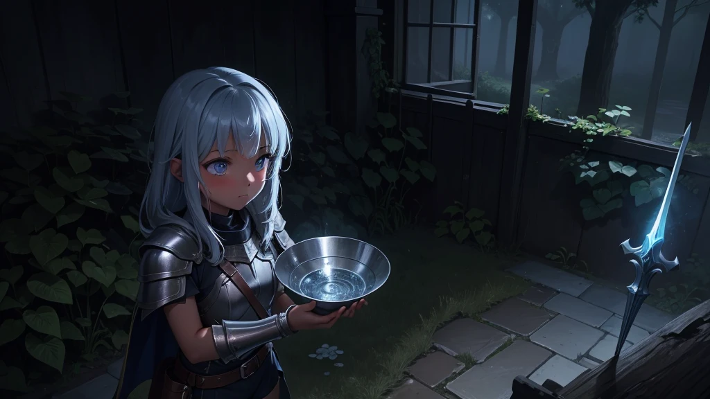 最high quality、high quality、Simple Cloth Armor、10Year-old girl adventurer、Pitch-dark underground labyrinth、No light、A slimy liquid is poured onto the body、Shorts、Equipped with a dagger and a shield