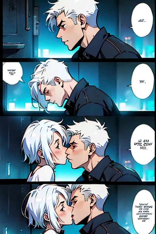 Girl with short white hair small and really skinny, passionately kissing a guy with short hair, manga page with panels and dialogue    