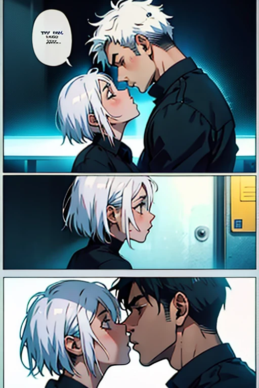 Girl with short white hair small and really skinny, passionately kissing a guy with short hair, manga page with panels and dialogue