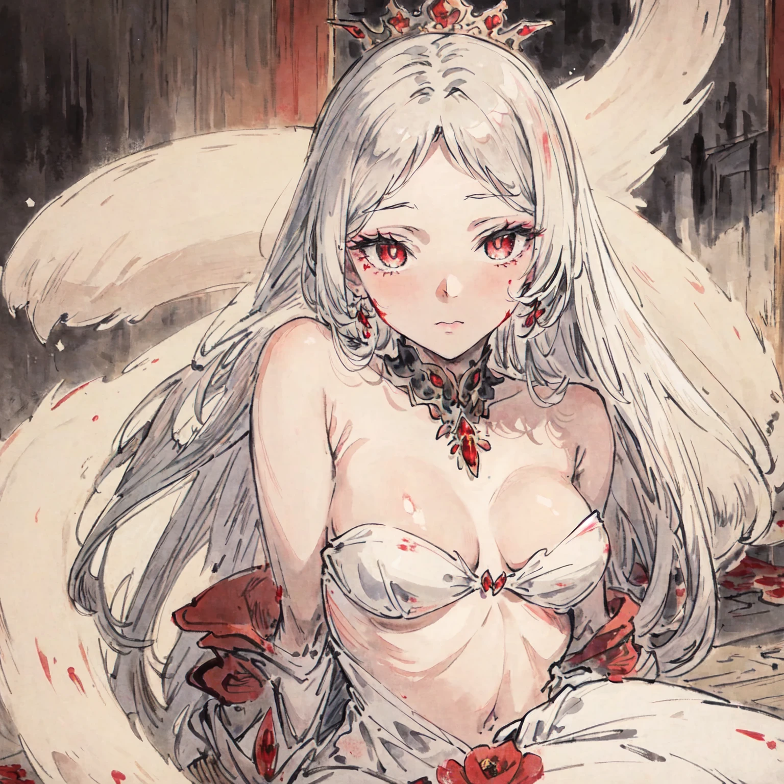 masterpiece, best quality, an extremely delicate and beautiful girl,an extremely delicate and beautiful, world masterpiece theater, ultra-detailed, highly detailed, best quality, white hair, highres, extremely detailed, 1 girl, best quality, illustration, looking at viewer, impasto, canvas, oil painting, realistic, realist ,real, Crimson eyes, with a swastika mark in the pupil, Close-up of a young woman sitting on a stone throne surrounded by a blood-red mist, Queen of human, human queen, Anime Girl, Goddess of the world, 144cm tall and holds a golden scepter, Beautiful Queen, Queen of the world, wonder Girl, witch, Queen of Darkness, blood mist Goddess, Beautiful girl, hd image, Beautiful sparkling eyes, deep sea eyes, Goddess of Death | medieval, Blood mist, medieval, Ymir possesses an ethereal beauty, with her flowing white hair and captivating ruby eyes that sparkle like precious gemstones. Her frame exudes a delicate grace, reminiscent of a fairy from a timeless tale. Her porcelain skin, as smooth as a peach blossom, enhances her pure and innocent allure, evoking the image of pristine snowflakes, captivating and enchanting. Her beauty transcends her physical appearance, radiating a gentle warmth and kindness that touches the hearts of those around her, Wear discreet clothes, Cool, elegant, aristocratic, red poppy