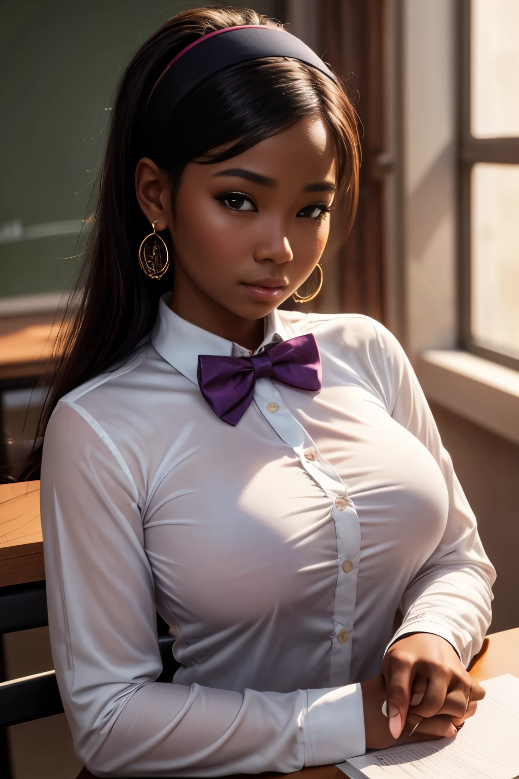portrait, Masterpiece, high quality, high resolution, volumetric lighting, subsurface scattering, 8k, Beautiful woman, looking at viewer, dark skin, phillipino, college teacher, uniform, (long-sleeve:1.2), large breasts, (bowtie), headband, hoop earing, classroom, sexy pose, seductive pose