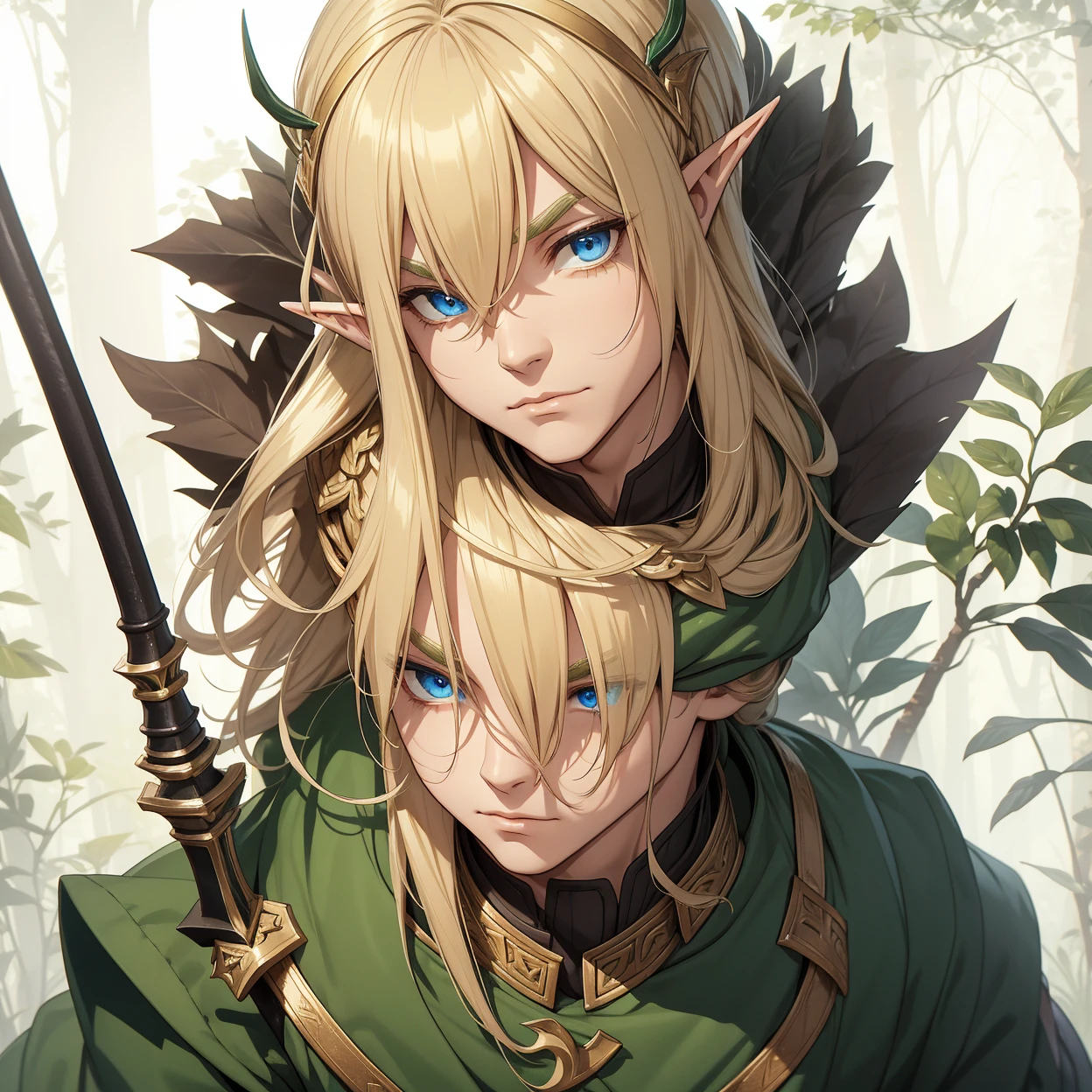 A male elf that possesses flowing blonde hair and striking blue eyes, typical of his elven heritage. He dresses in supple, forest-green leather armor crafted for agility and stealth, complemented by dark trousers and sturdy boots that allow him to move swiftly through the dense underbrush of Evershade Forest.