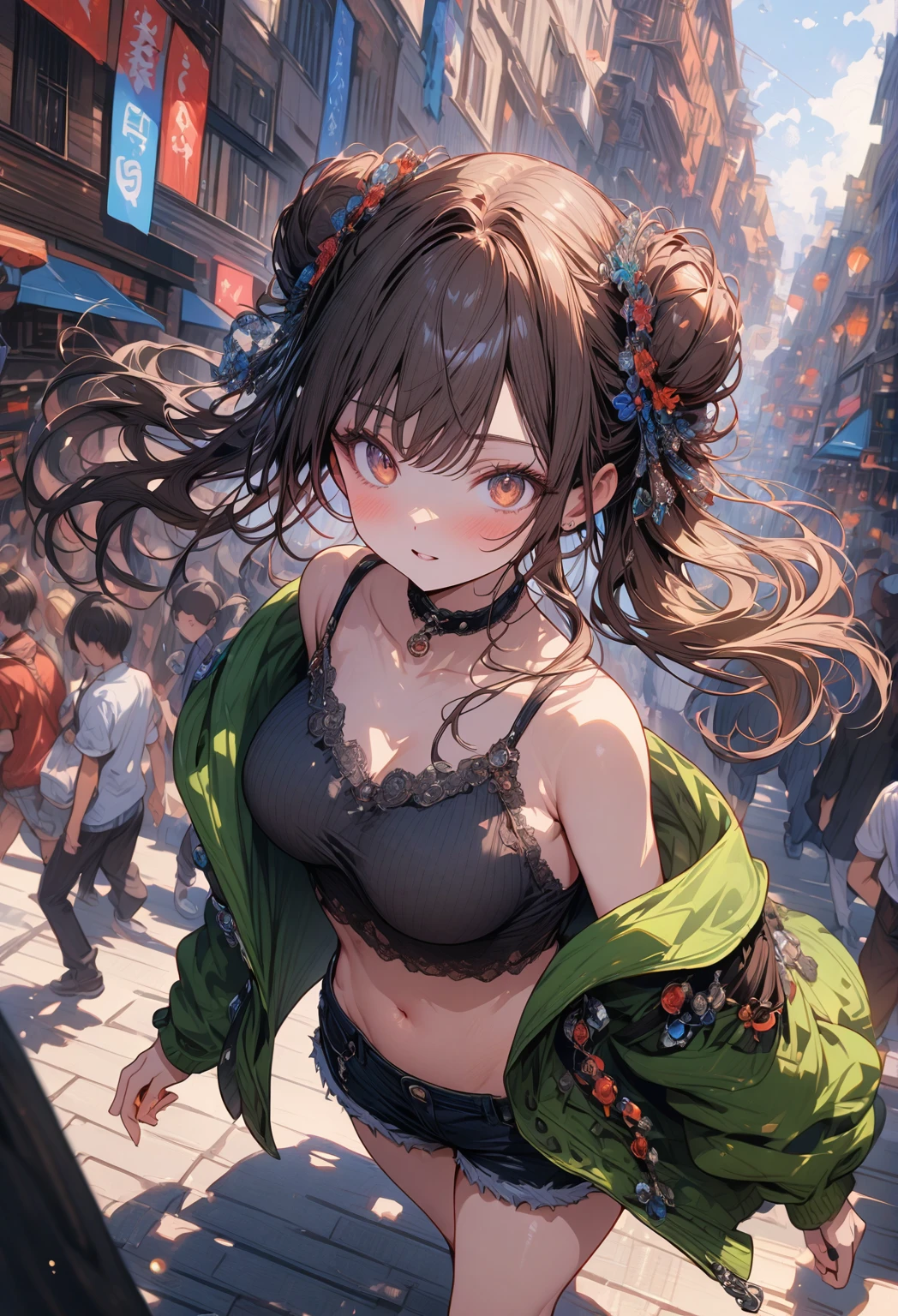 ((masterpiece:0), best quality, very aesthetic, newest, absurdres, detailed, high quality)
BREAK
highest quality, top quality, details, highres, ultra fine painting, digital art, official art, cinematic, 4k, 8k resolution, 8K CG wallpaper, CG, original artwork, detailed background, colorful background, blue atmosphere, High Dynamic Range, blurry background, blue hour, Starburst effects, crepuscular rays, good ISO, high resolution, wide shot, from far away, RAW photo, POV, sharp focus, light reflection, reflections, intricate details, soft light, particle noise, professional photography, bokeh, depth of field, natural lighting, vibrant colors, looking away, detailed lights and shadows, stylish, ultra-detailed, top rated on Pixiv, trending on Artstation, niji style, modern-days, master crafted, pose
BREAK
solo, close up shot, from above, 1girl, pale skin, correct fingers, detailed hand, (big tight breasts:1.2), big thighs, small torso, short body, flushtered, blush, anxious expression, casual, slim, ((cute, childlike face):1.3), nice hips, nice body, brown hair, (long flowing hair, (big 2 buns hairstyle)), long bangs, long hair, middle hair bangs, brown eyes
BREAK
(black string tank top, choker, off shoulder open green hoodie, (tummy skin), open unbuttoned shorts, many colors outfit ornaments)
BREAK
a person walking down a street with a crowd of people, crowded street, crowded streets, in front of a large crowd, giant crowd, girl walking through city, people walking down a street