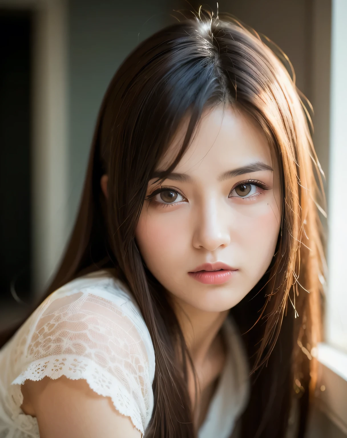 Highest quality, Face Focus, Soft Light, Ultra-high resolution, (Realistic:1.4), RAW Photos,
1 Japanese girl, alone, cute, (pupil, Light in your eyes),  Beautiful face in every detail, (Small box),(High resolution detail of human skin texture),
(Long Hair),
indoor,
Damask Shirt Dress,
(Portraiture)