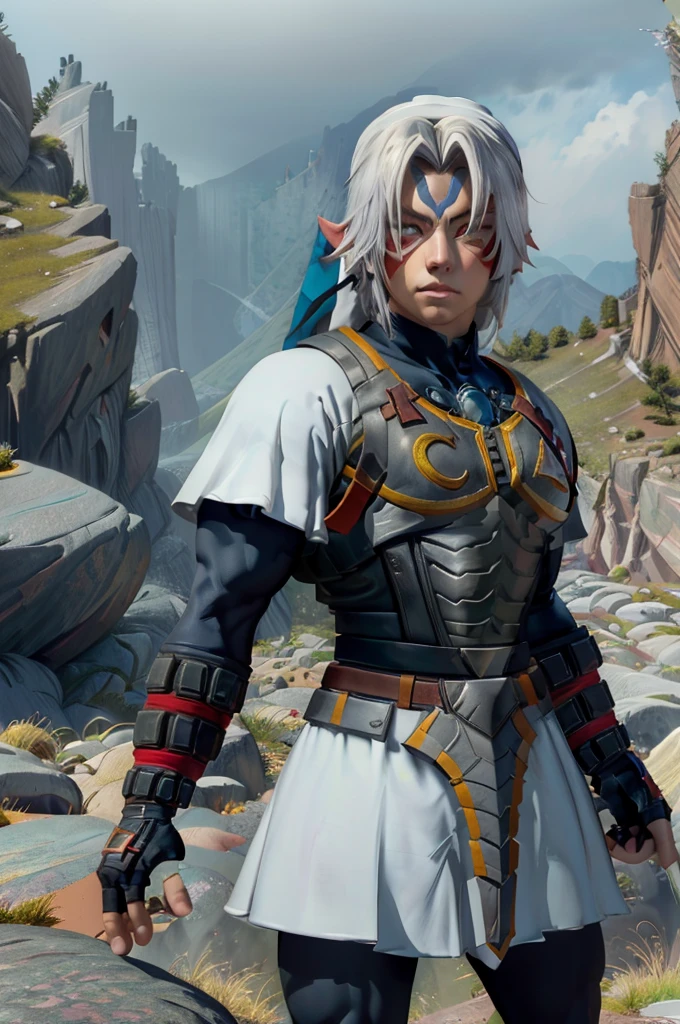 a muscular male figure wearing a white tunic, belt, fingerless gloves, and boots, with a weapon on his back, posing and looking at the viewer from above, surrounded by mountains and rocks, (best quality,4k,8k,highres,masterpiece:1.2),ultra-detailed,(realistic,photorealistic,photo-realistic:1.37),portrait,fantasy,dramatic lighting,cinematic