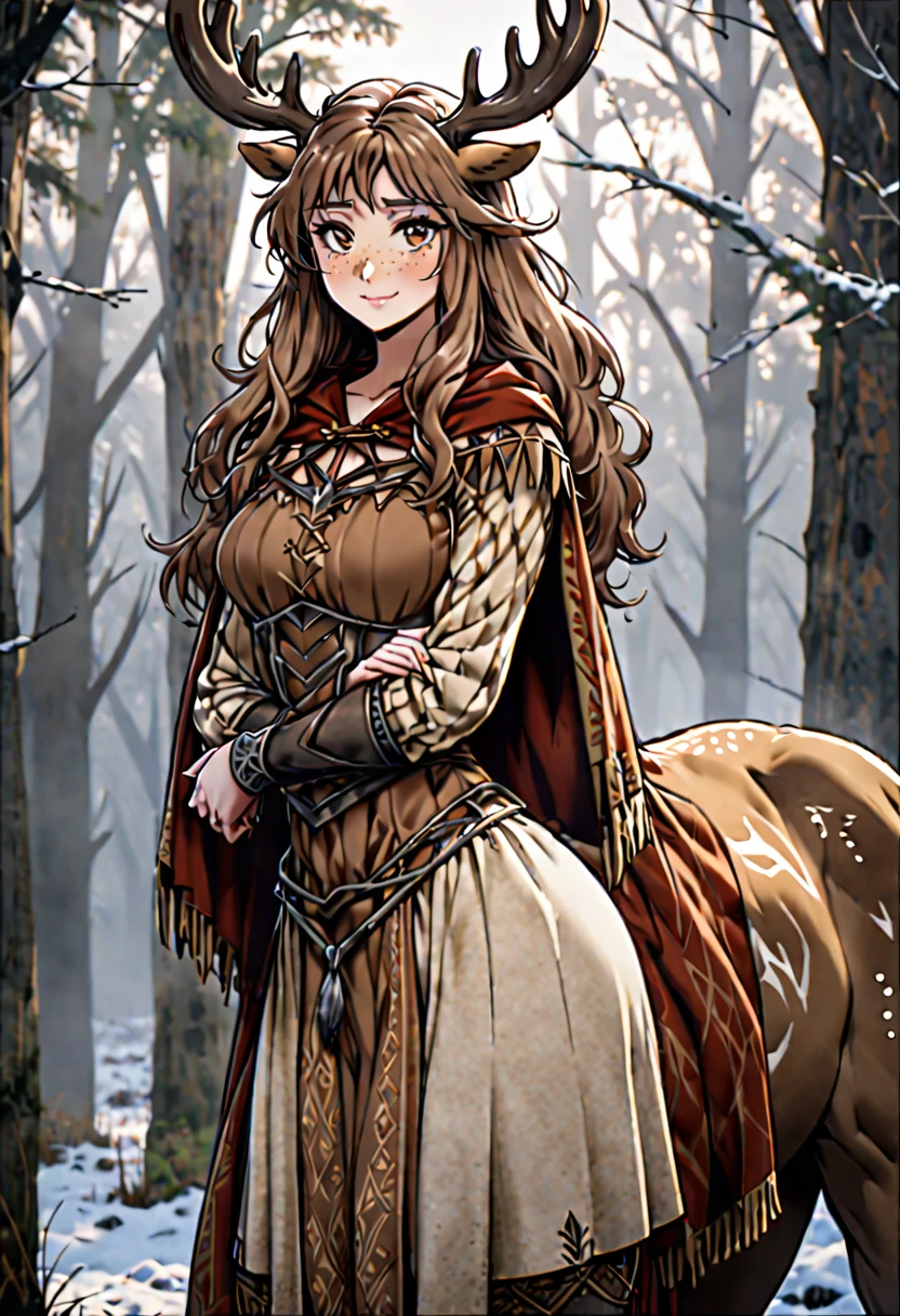 Solo, female, sfw, medium shot, brown hair, long hair, wild hair, deer antlers, huge woman, brown eyes, cape, winter, forest, freckles, shy smile, shy pose, ((deertaur)), deer centaur, villager clothes, medieval, deer body, deer lower body