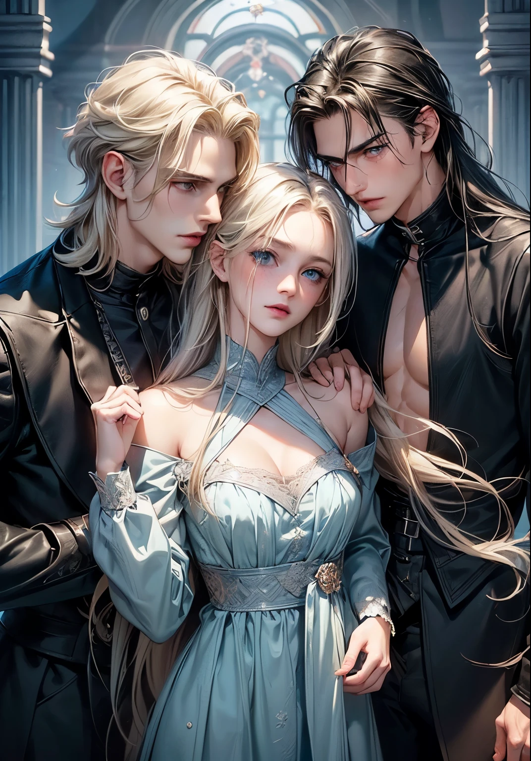 ((girl and two men)), ((dark fantasy)),((handsome boy grabbing girl from behind)), mature male, 30-ish, (wide shoulder), ((no chest hair)),short black Quiff hair with Soft Fringe (bangs part on side 3:7 ratio), blue eyes, upper body, short hair, looking at viewer, parted lips, round eyewear, wet hair, open black shirt, long sleeves, showing a bit of muscles,(( girl with wavy hair, pale skin, long light blond hair),((light blue eyes)), freckles,(girl ),erotic posing,Gothic background, Dark fantastic view,Best Quality,masutepiece,8K,The ultimate detailed dark background, Top image quality、RAW photography、超A high resolution，cropped shoulders, overall look is very erotic, model shoot, Large round chest, Beautiful Eyes of Details、Very slender eyes、Beautiful eyelashes、Very slim physique, with blush cheeks, bedroom background