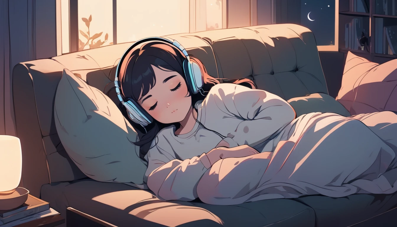 A woman wearing headphones is sleeping comfortably on a sofa at night, Wide-angle lens, Lofi Anime, Lofi illustration, Aesthetic atmosphere, Lo-Fi Style, Vector art, Flat Design, Simple shape, Warm tones, Pleasant atmosphere, Chill, In anime style, Digital drawing, Vector art, Vector logo for t-shirt printing, (Adorable:1.5), (small:1.4), (Playful:1.2), (soft:1.3), (Whimsical:1.1), masterpiece, Highest quality, 8K, Intricate details, grow, Celestial, Mysterious, Picturesque, amazing, Majestic, Magic, Fantasy art, Cover art, dream-like