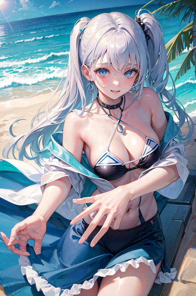 8K, Highest quality, masterpiece, Ultra-detailed、、one side up、Silver Hair、Medium hair 、one side up、full lips、Blue Eyes、18Year-old beauty、Portrait、School、smile、Ocean、Sandy Beach、Swimwear、Random facial expressions、Beachside