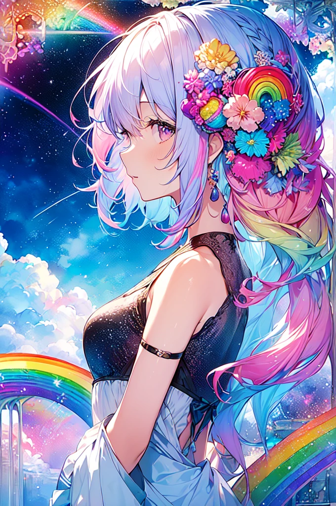 (masterpiece, Highest quality, Highest quality,watercolor (Moderate),Official Art, beautifully、beautiful:1.2),(1 Girl:1.3), (Fractal Art:1.3),Upper Body, From the side, Looking at the audience,pattern,(Rainbow Hair,colorful hair,Half blue、Half pink hair:1.2),water,liquid, cloud,colorful, Starry Sky,performer,