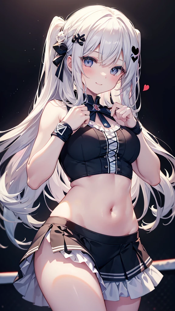 Cute girl with skirt belly punch in the corner of the ring,((masterpiece)),long hair,beautiful white skin、 ((charming))、happy smile、perfect proportions、(((Kickboxing)))、(((Mixed wrestling))), cute woman, baby face, BREAK source_anime, high detail, looking at viewer,POV, large chest, best quality, highly detailed, young face, white background,Droopy eyes, Calm face,A relaxed face,she attacks,frilly skirt,heart hair ornament
